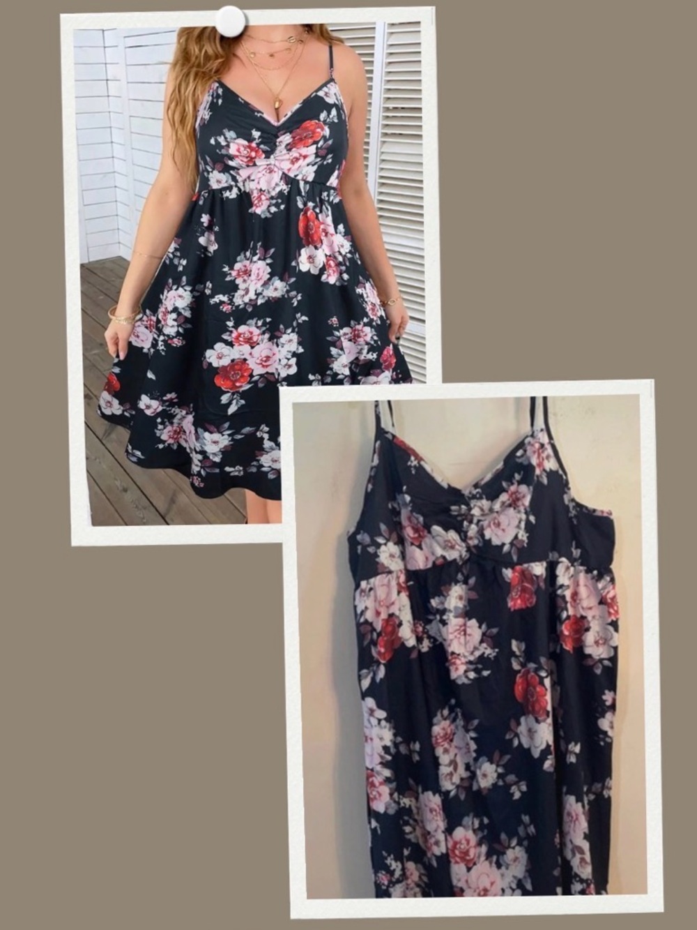 Floral Spaghetti Strap A-Line Dress in Black and Pink - Picture 3 of 10
